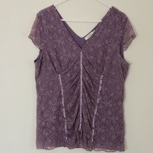 Ricki's XXL Blouse Purple Floral Lace Ruched V-Neck Sheer Cap Sleeve Whimsigoth